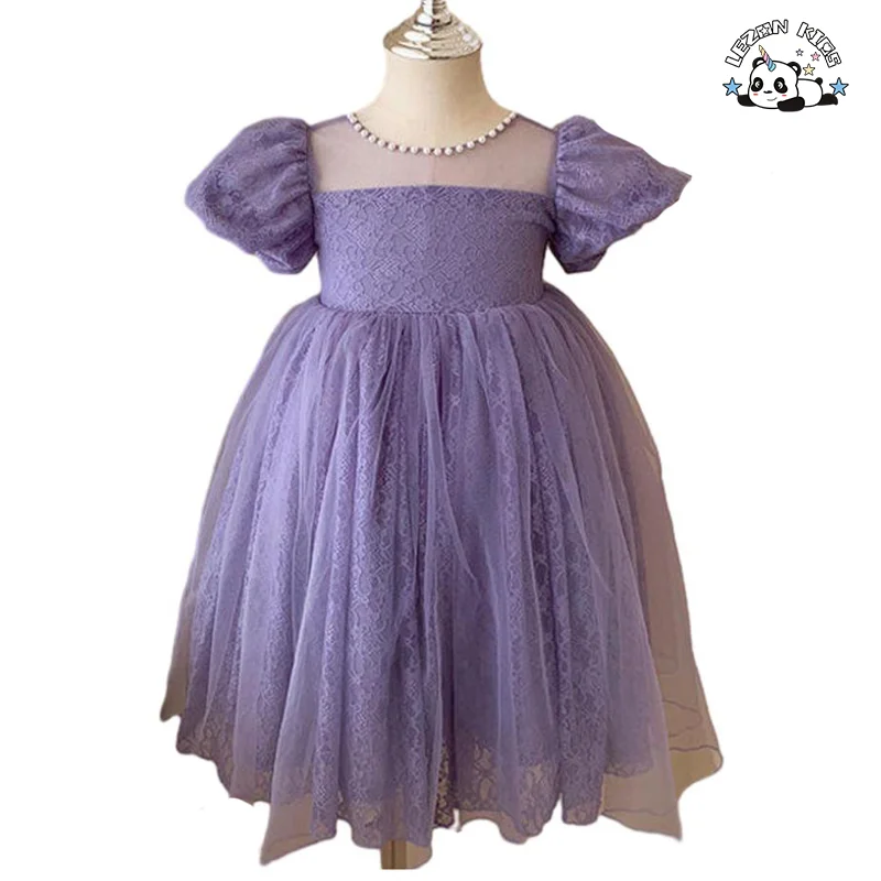 LEZONKIDS - Vestido de Festa de Malha Roxa com Manga Bufante Personalizado para Meninas, Vestidos de Tule para o Verão